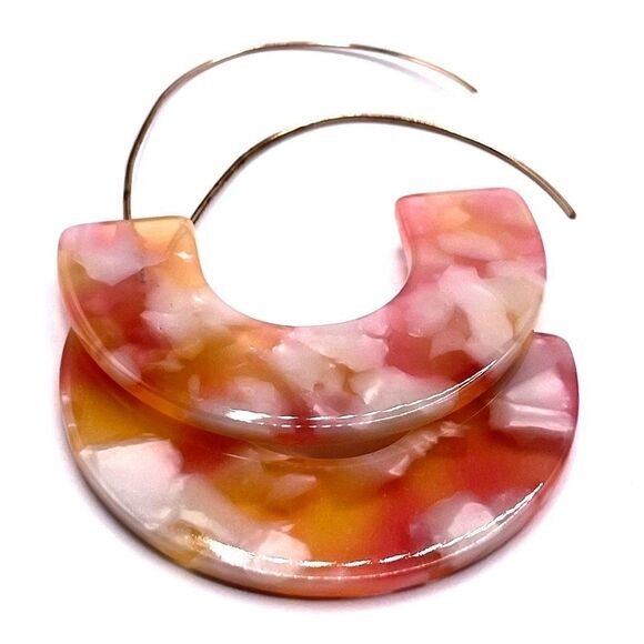 Peach with Orange C Shaped Tortoise Shell Acrylic Yellow Gold Hoop Earrings - Picture 5 of 6